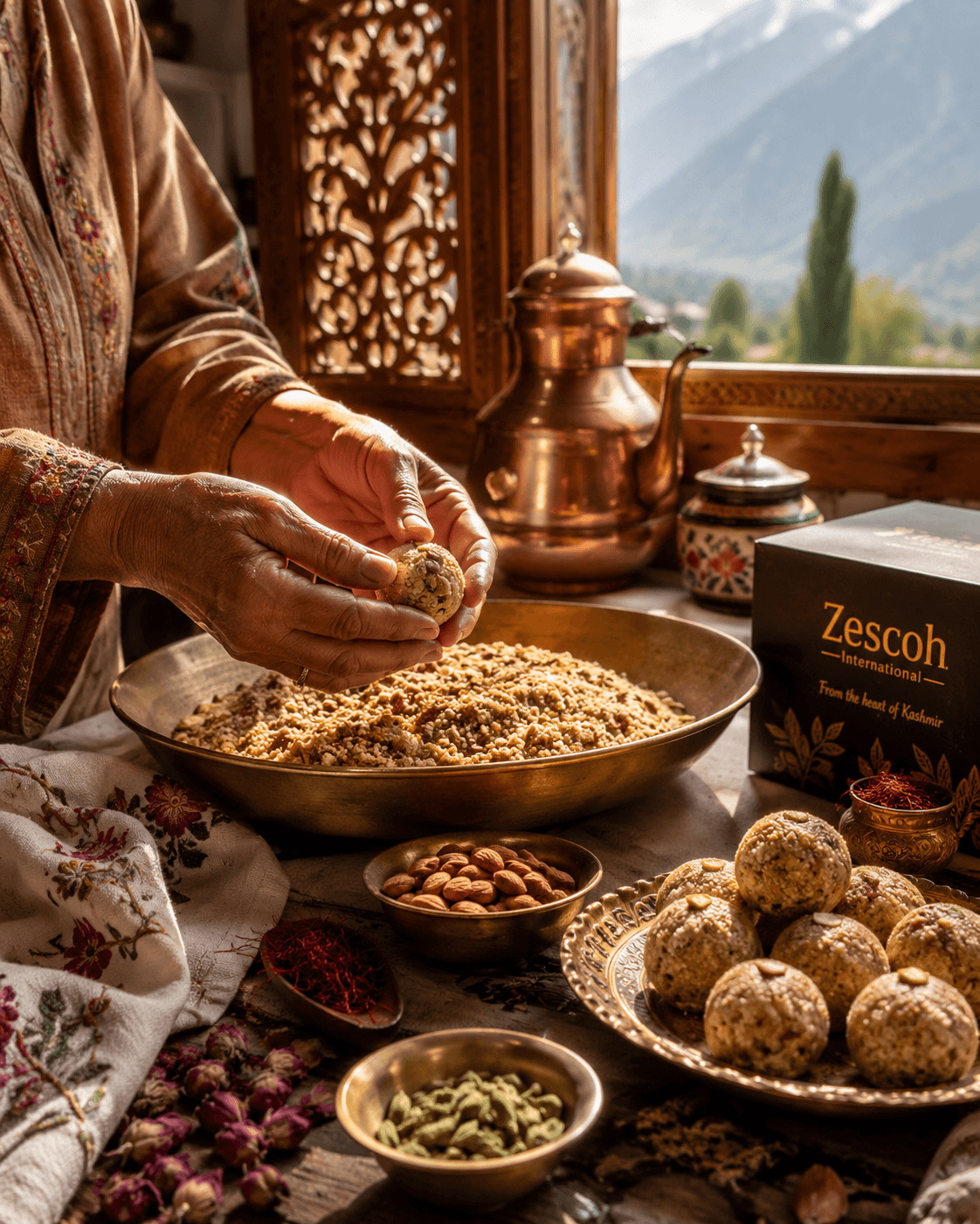 Handmade laddus and Kashmiri treats prepared in the Zescoh kitchen